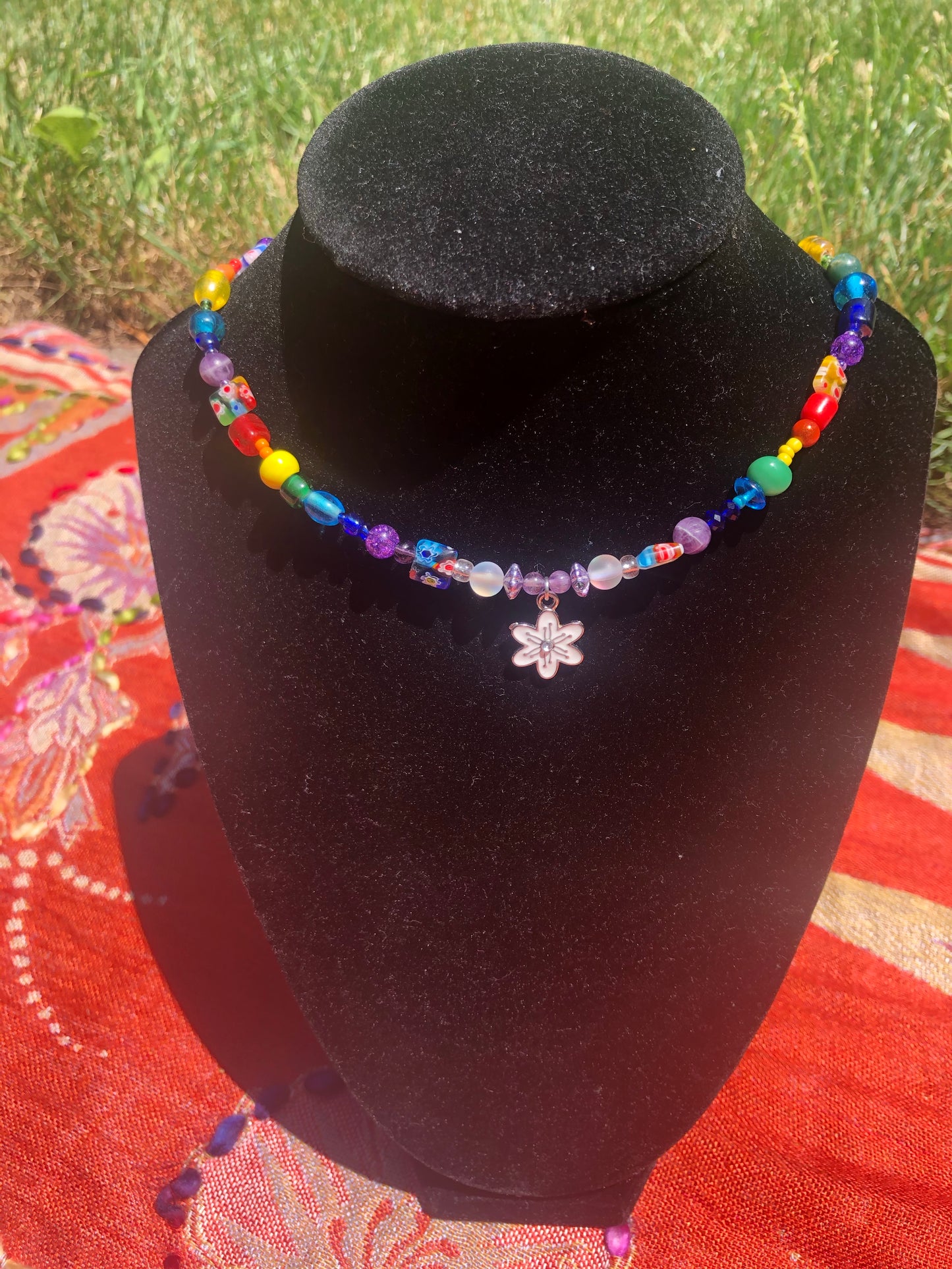 White Pansy Rainbow Choker