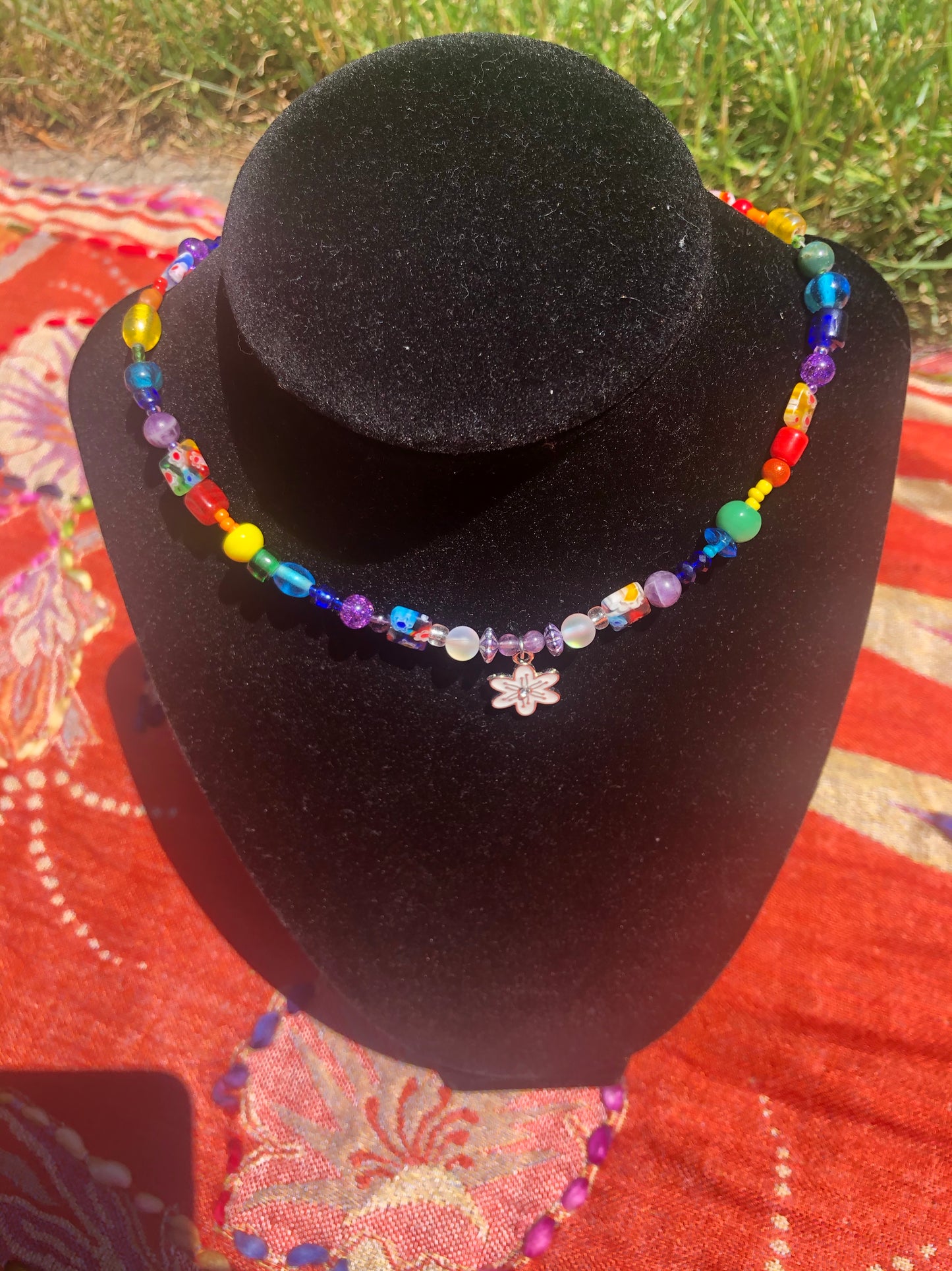 White Pansy Rainbow Choker