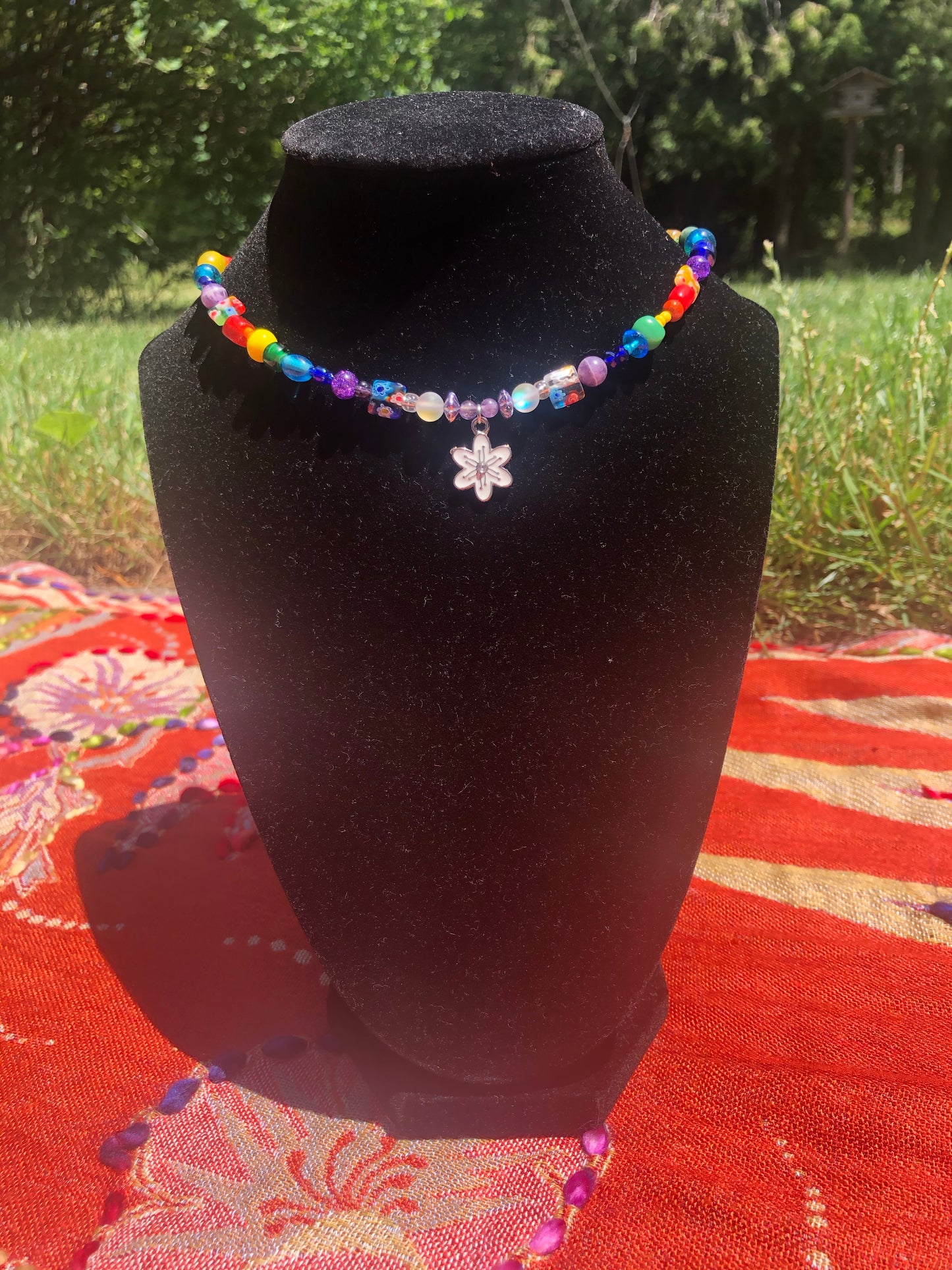 White Pansy Rainbow Choker