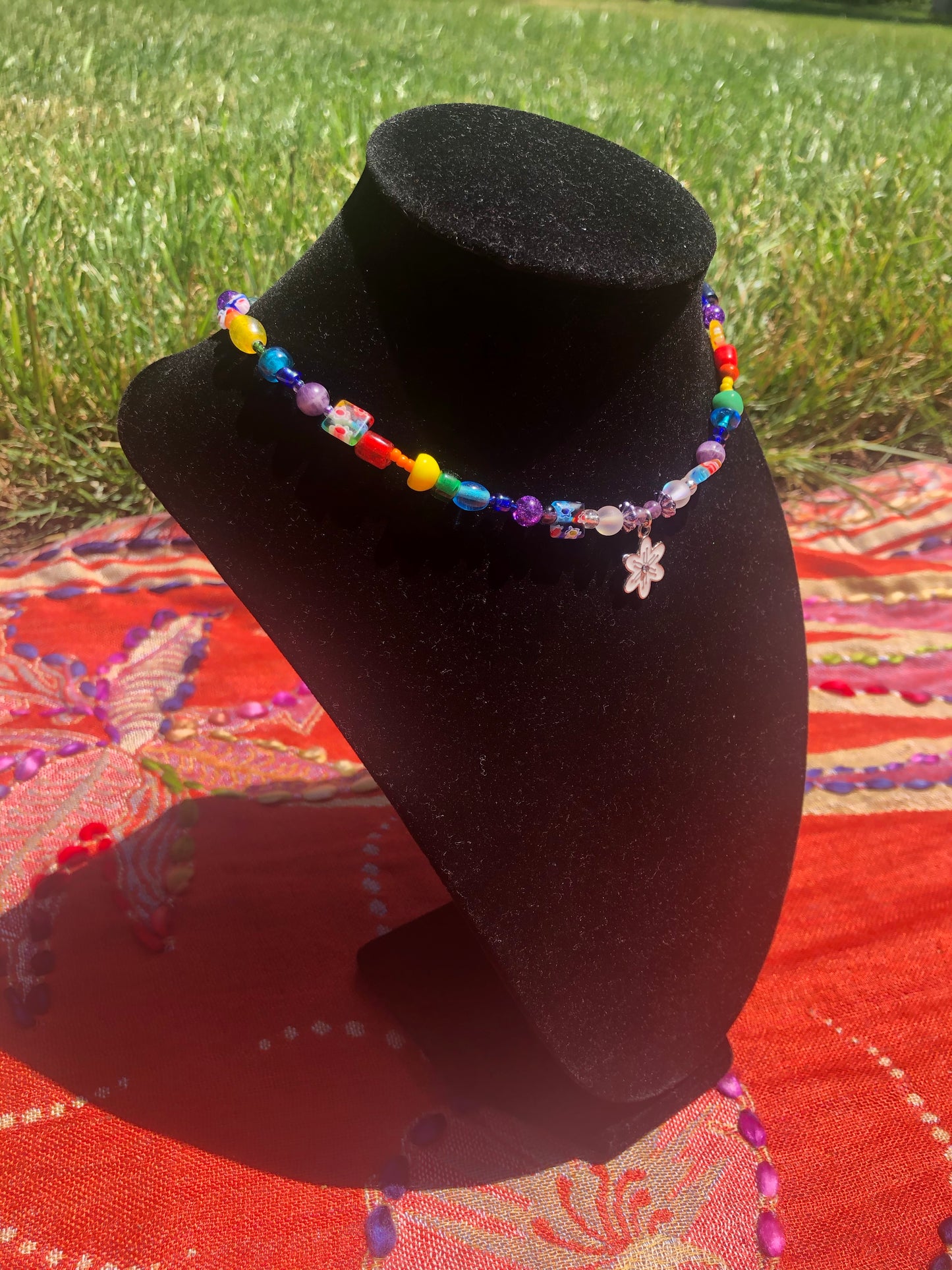 White Pansy Rainbow Choker